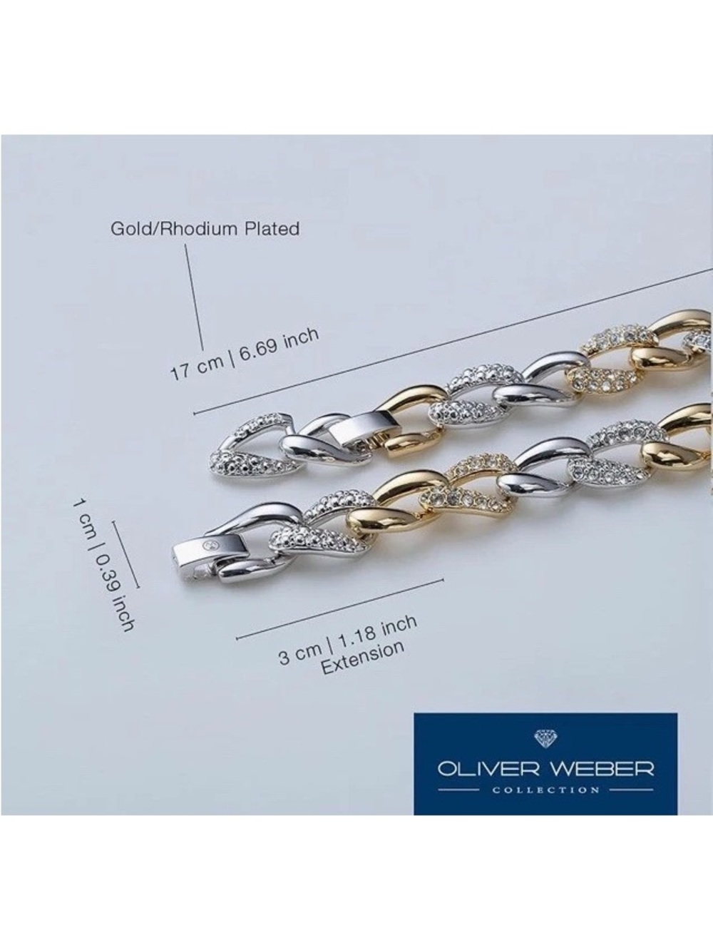 Oliver Weber Collection Pave Curve Link Gold-Plated Two-Tone Women’s Bracelet 7" - Picture 3 of 16